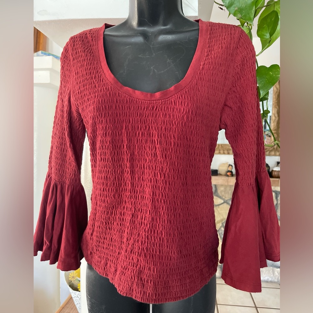 Anthropologie Maroon Smocked Bell Sleeve Top size S